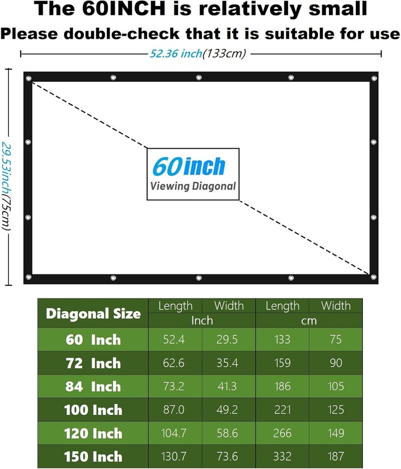 NMEPLAD Projector Screen 60 Inch Portable Movie Screen for Outdoor Indoor 16:9 Foldable Wrinkle-Free 1.1 GAIN,160°Viewing,Support Front Rear Projection with 8 Sticky Hooks & 8 Nail Hooks (60 INCH) - Image 2